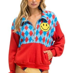 Aviator Nation Smiley Diamond Half Zip Fleece Color Block Sweatshirt